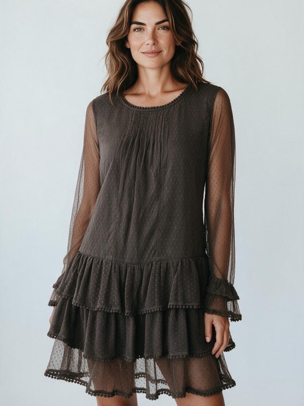 ASOS Chocolate Brown Long-Sleeve Tiered Ruffle Dress